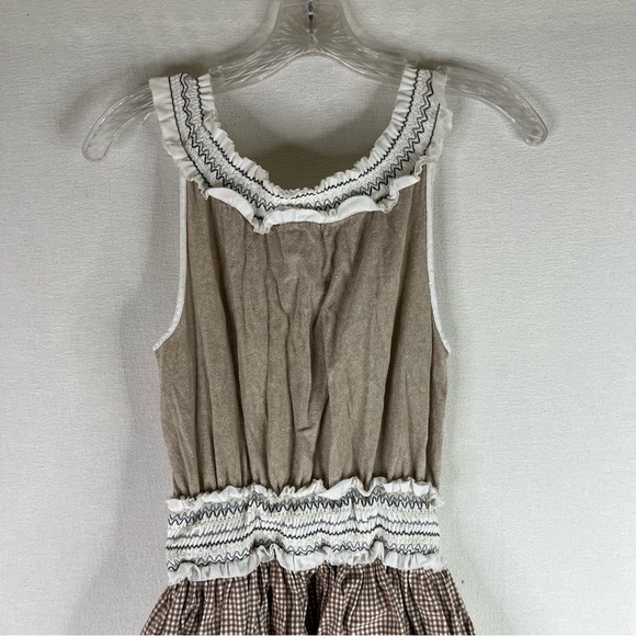 Esley Dress Womens Tan White Linen Cotton Daisy Embroidered Cottage Core Prairie - Picture 10 of 12